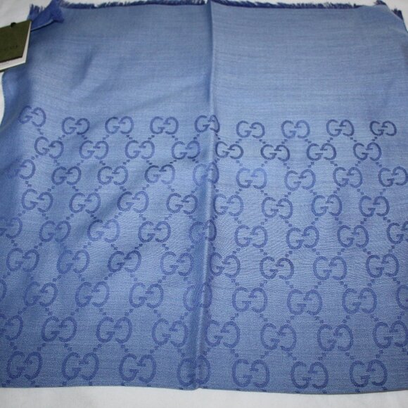 NWT GUCCI Blue Periwinkle Jacquard GG Wool Silk Scarf Unisex - Picture 1 of 7